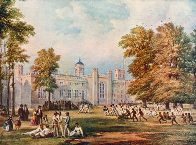 Het spelen van rugby op Rugby School, Warwickshire, 1852 door English School
